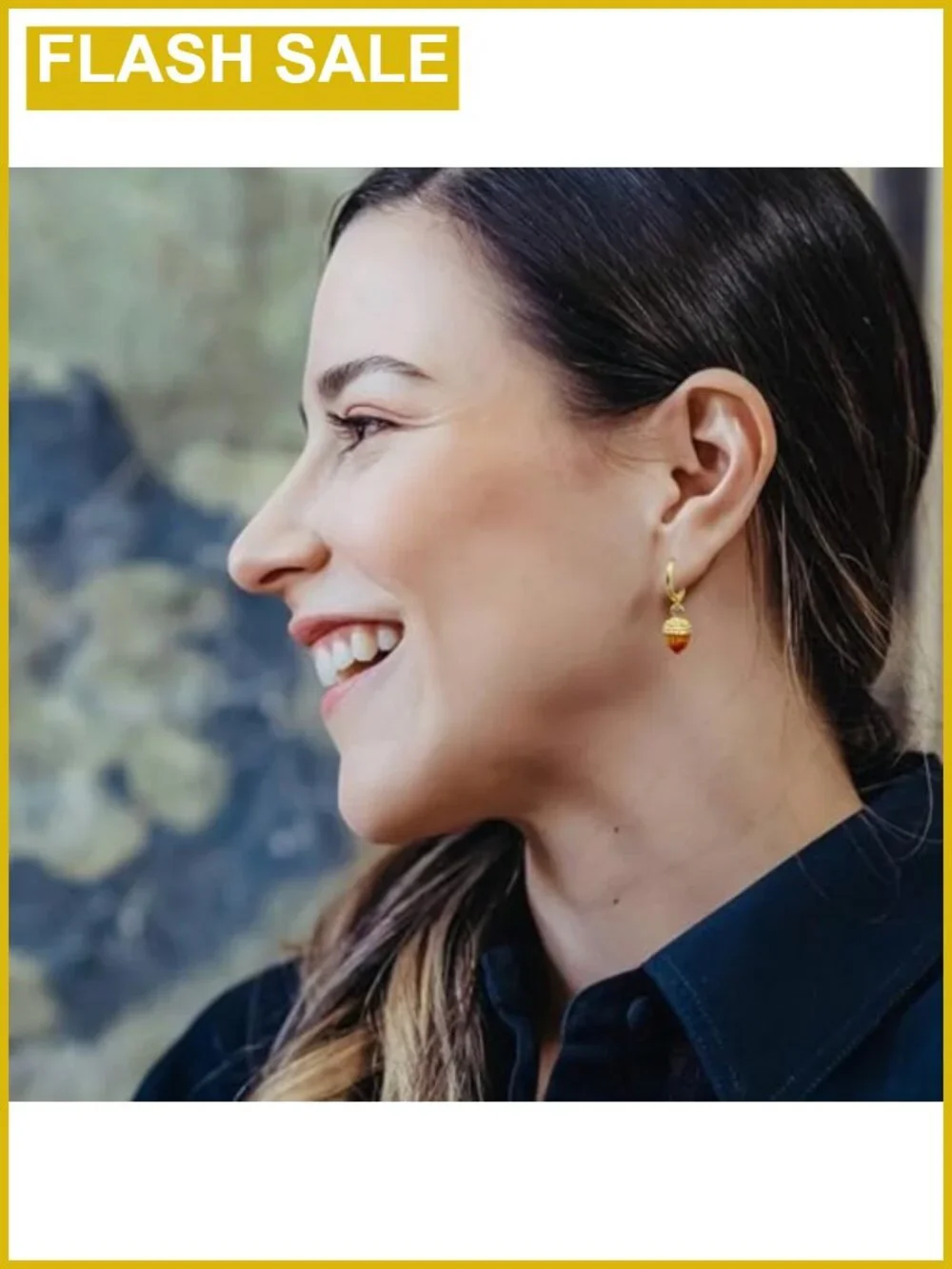 Acorn Pine Cone Huggie Hoop Earrings Yellow Gold Plated Fall Winter Holiday
